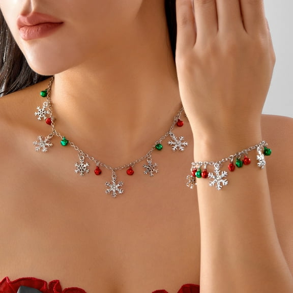 SPEKSEE Christmas Necklace Bracelet Set Snowflake Collar Necklace Snowflake Drop Earrings Jingle Bell Bracelet Festive X-Mas Christmas Jewelry Sets for Women