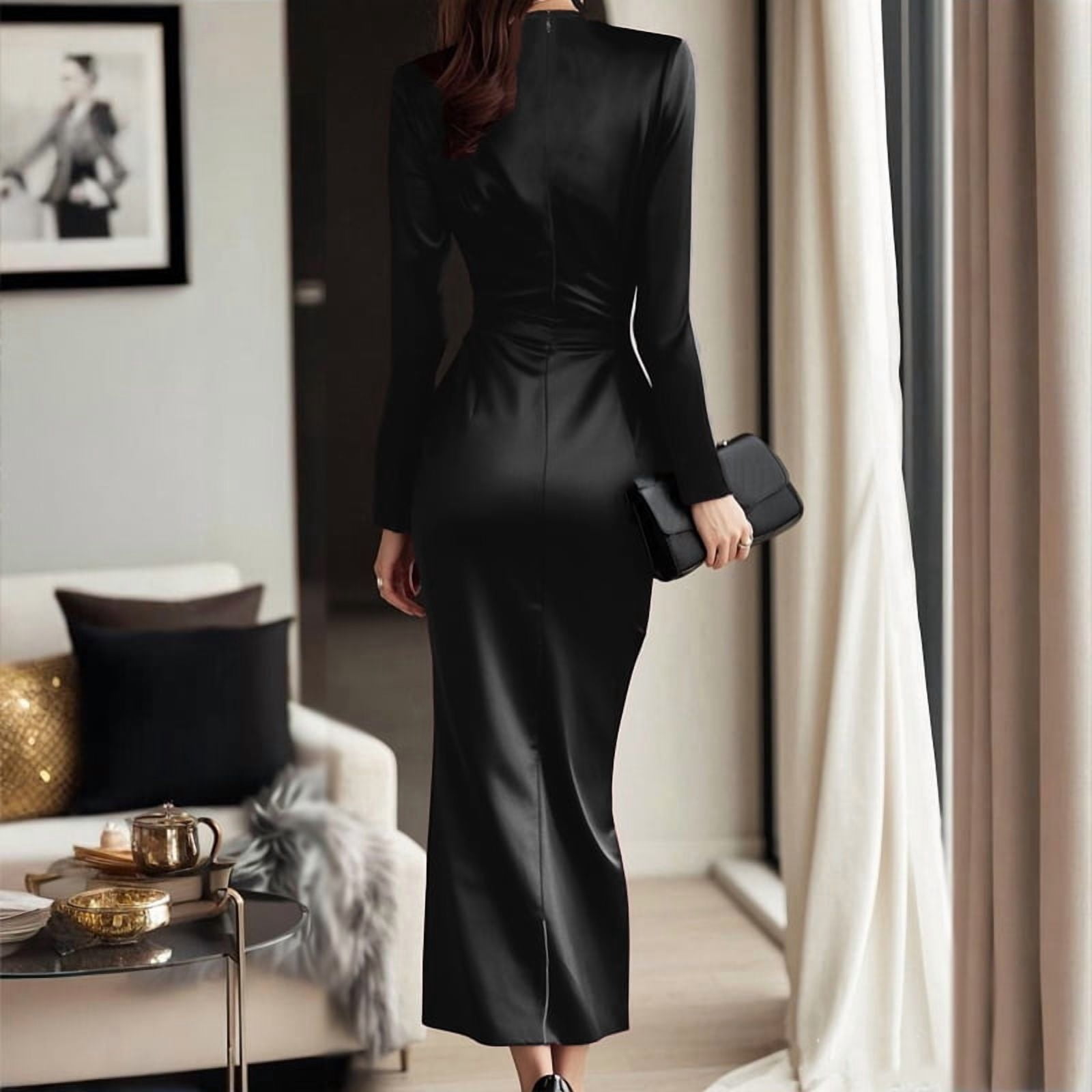 black satin long sleeve dress Plus "Emery" Collared a sophisticated choice for formal occasions MORTTIC Women's Elegant V-Neck Satin