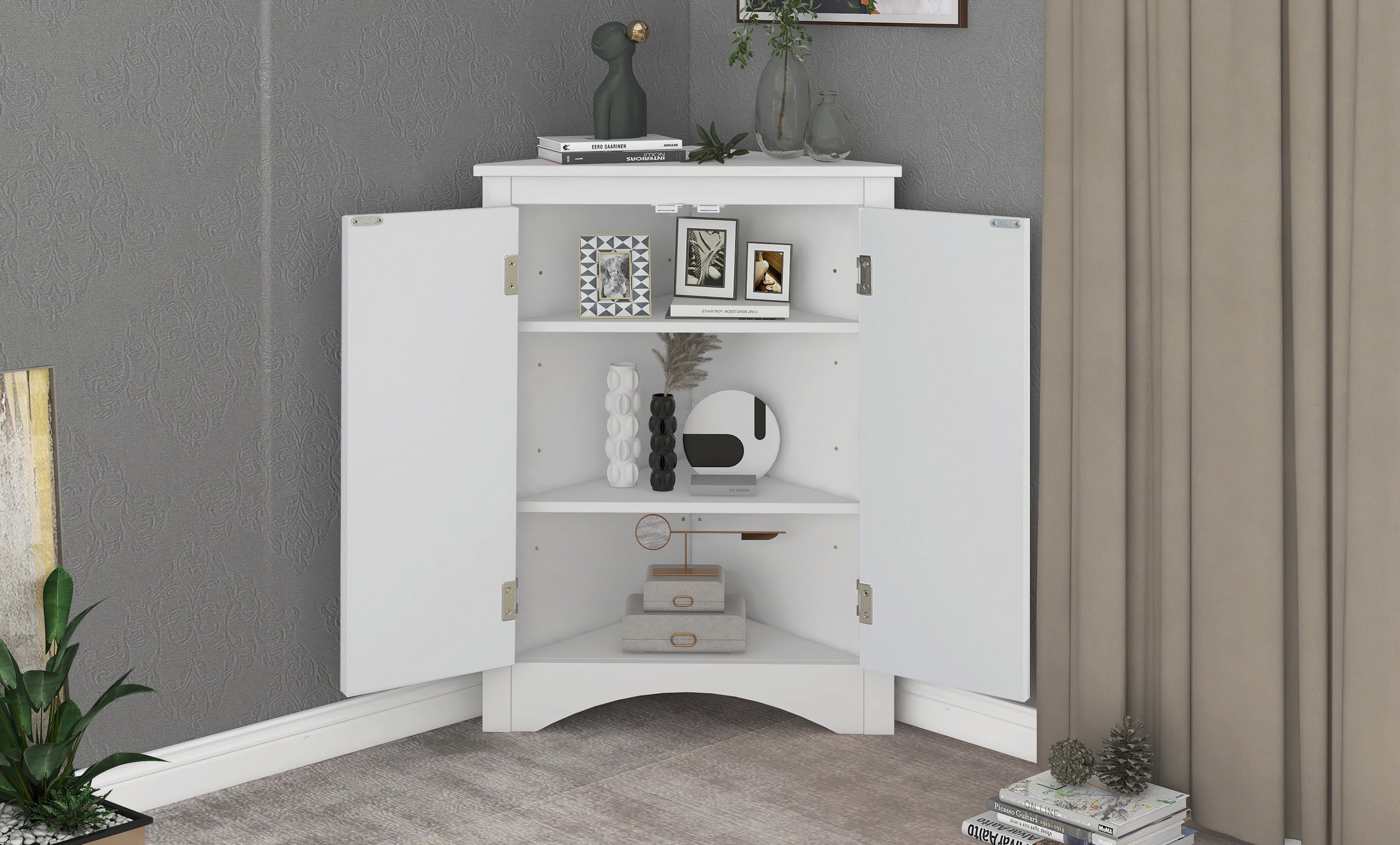 Euroco Triangle Bathroom Storage Cabinet with Adjustable Shelves, Freestanding Floor Cabinet for Home Kitchen