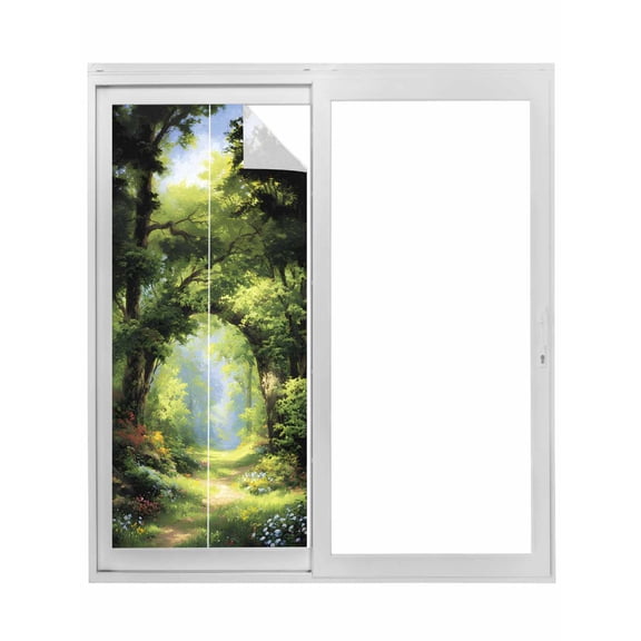 Forest Window Privacy Film, Nature Woodland Spring Scenic Green Trees Flower Static Cling UV Sun Blocking Tint Film Heat Control Windows Films for Bedroom Bathroom, Window Stickers 17.7"x39.3"