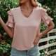thumbnail image 3 of Blusa holgada de manga corta color rosa para oficina, talla XL, blusa con escote en V y volantes para verano, 3 of 8
