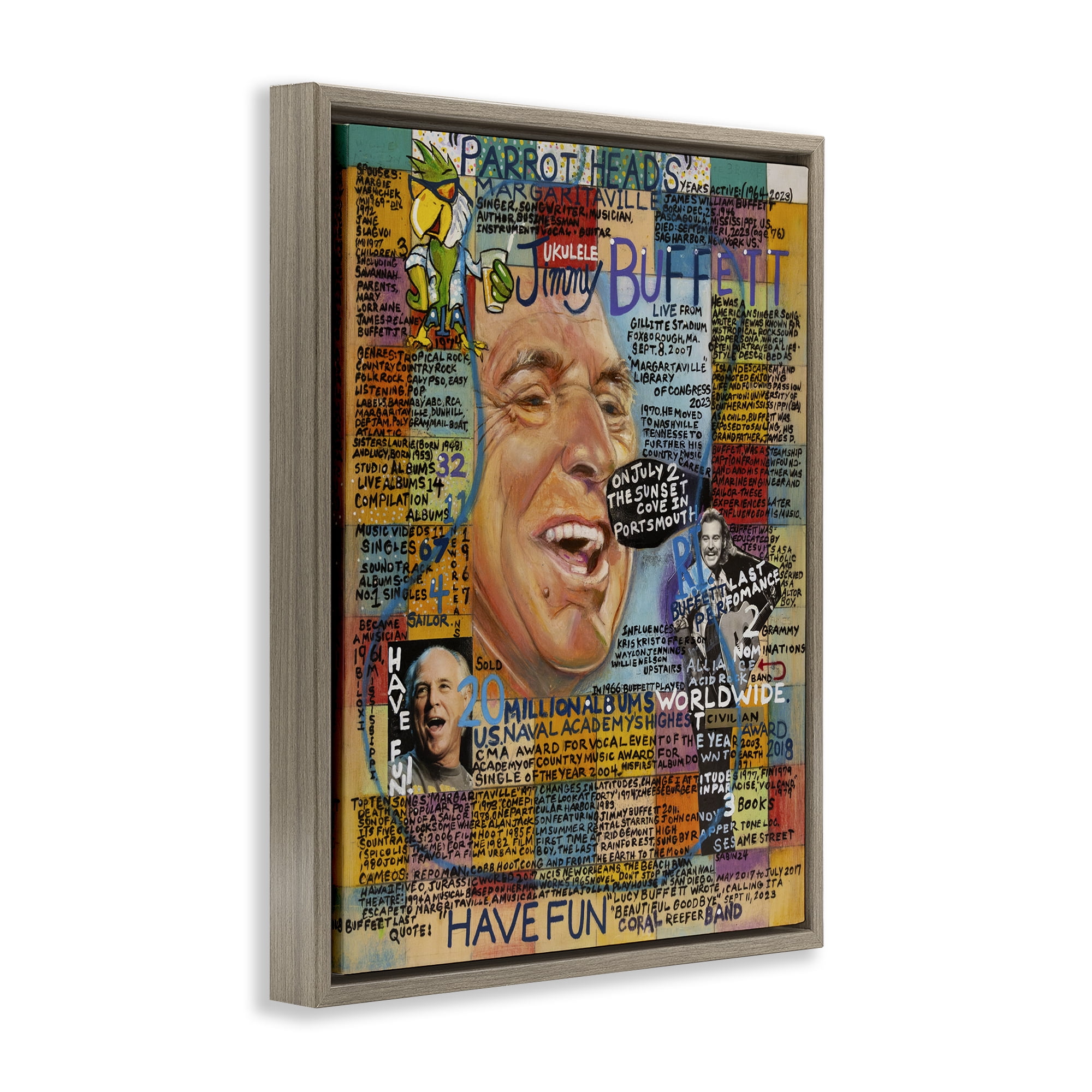 Stupell Industries Jimmy Buffet Collage People Drawing Brown Floater Framed Canvas Art Print Wall Art, 25 x 31