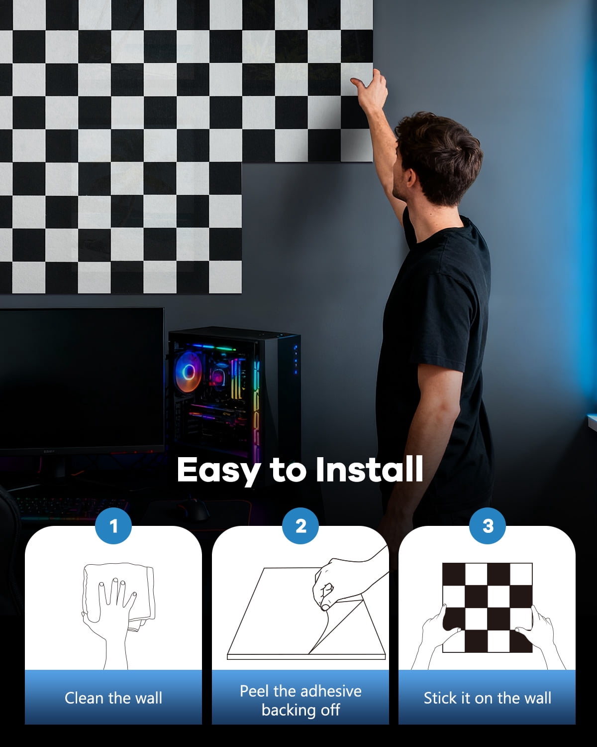 Soundsbay Soundproof Wall Panels, 12 Pack Sound Proof Foam Fanels for Walls Self-Adhesive, 12"×12"×0.4" Checker Board White+Black Decorative Acoustic Panels for Door, Ceiling, Home Office