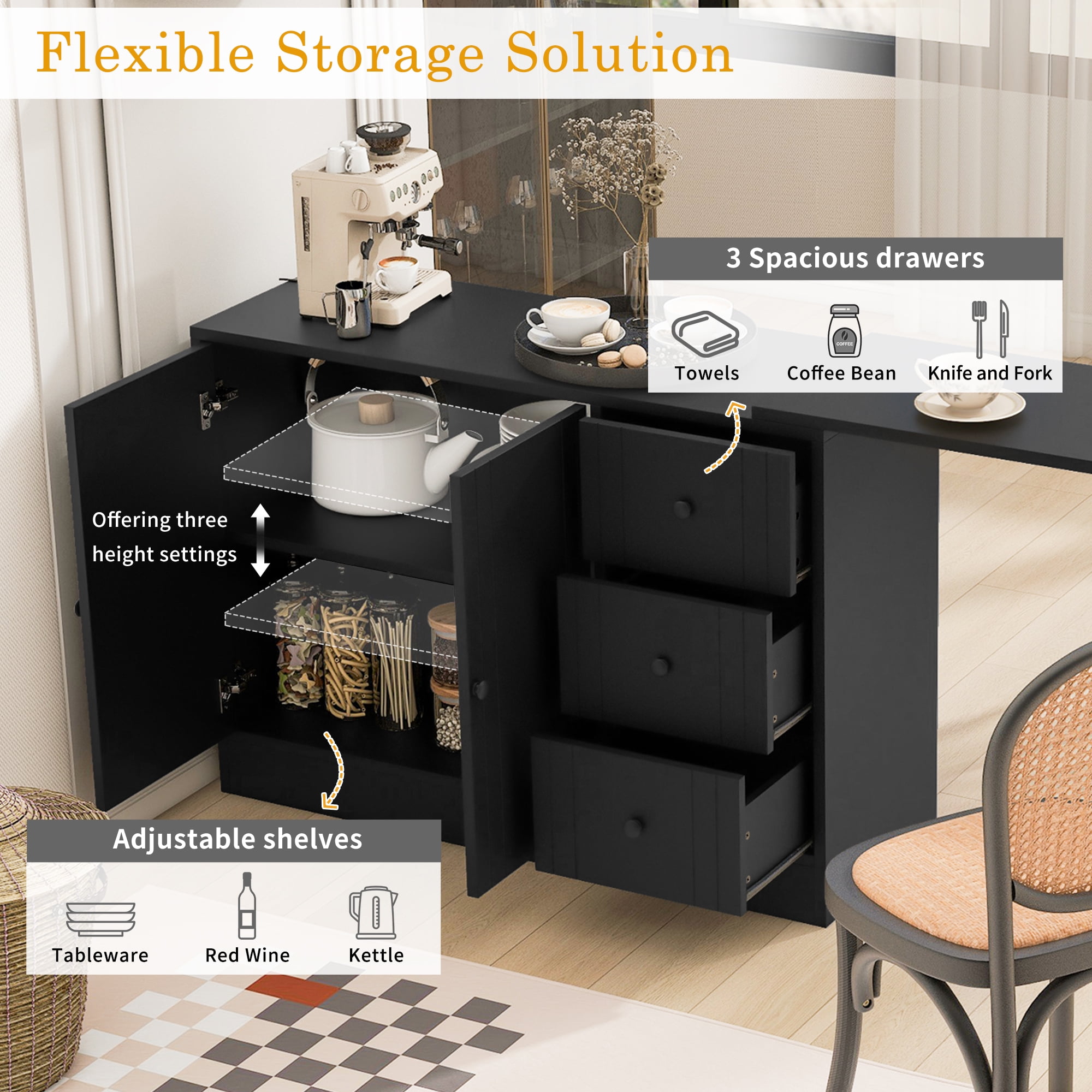 Aukfa Space-Saving Sideboard with 47" Extendable Dining Table,Buffet Cabinet for Kitchen Dining Living Room,Black