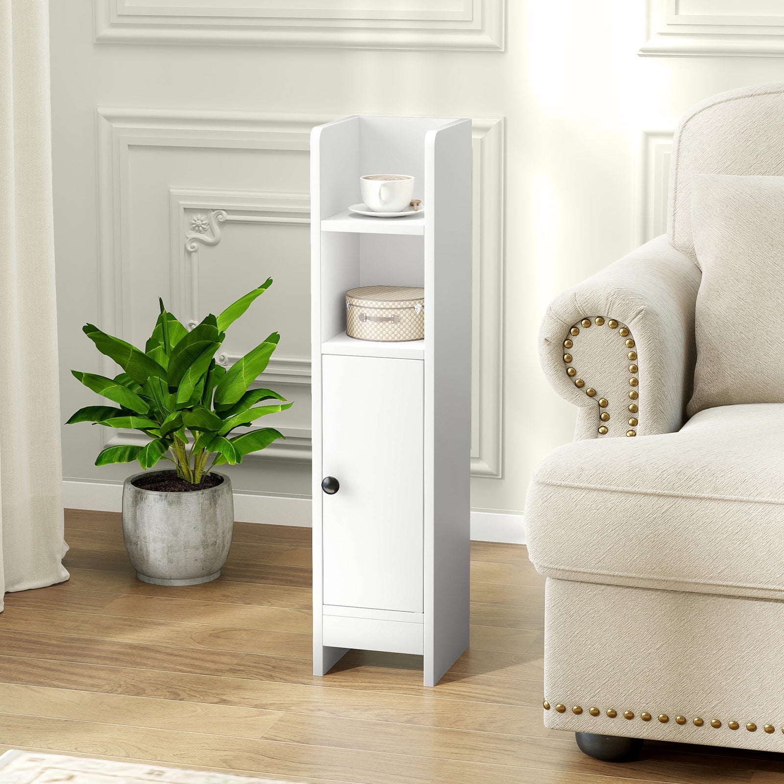 Topbuy Bathroom Storage Cabinet Small Corner Floor Cabinet with Door and Adjustable Shelves Toilet Paper Holder Stand White
