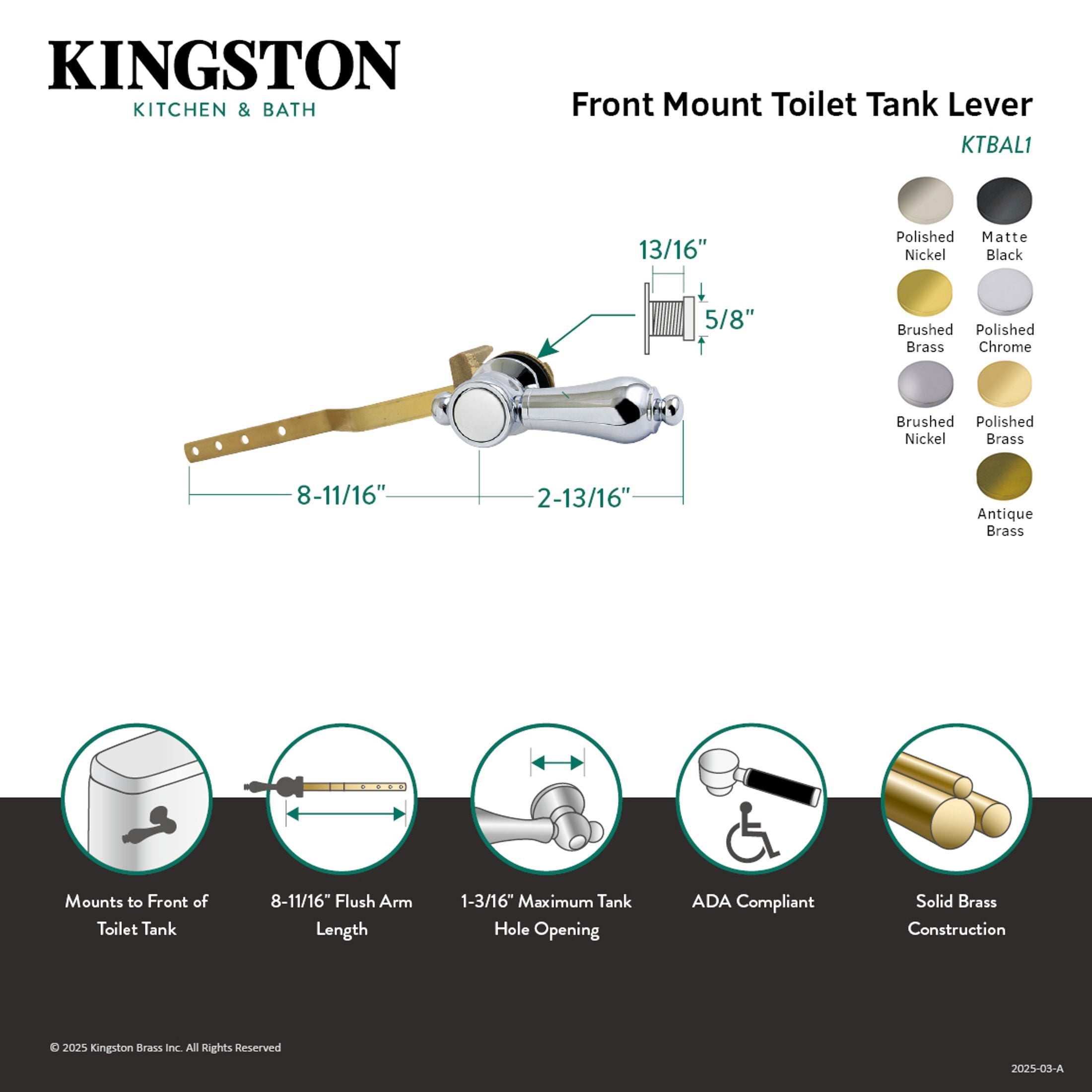 Kingston Brass KTBAL6 Heirloom Front Mount Toilet Tank Lever in Polished Nickel