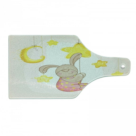 Moon Cutting Board, Cartoon Like Bunny Hanging Stars and Moon Polka Dots Cheerful Art, Decorative Tempered Glass Cutting and Serving Board, Wine Bottle Shape, Pale Pink Yellow Tan, by Ambesonne