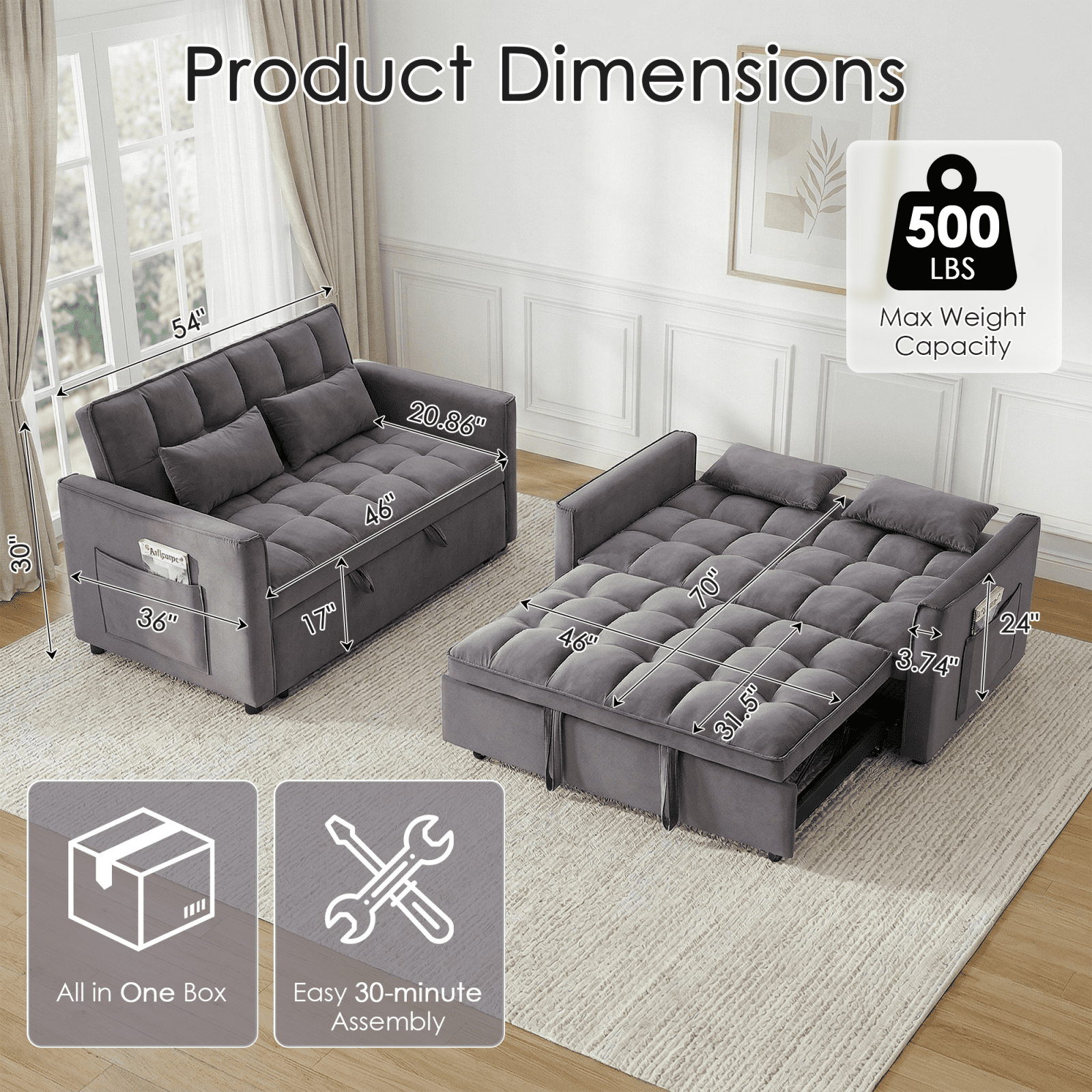 Amuille 3 in 1 Convertible Sleeper Sofa Bed, 54" Velvet Fabric Loveseat, Pull Out Couch for Living Room and Apartment (Dark Gray)