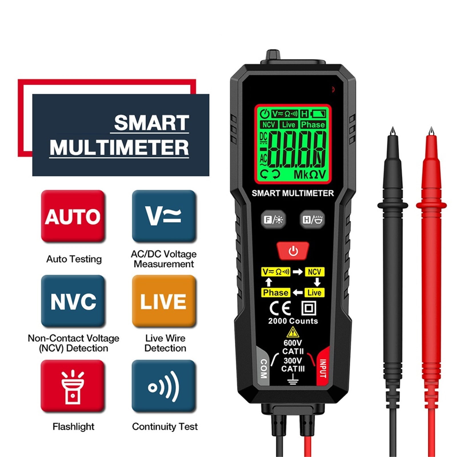Digital Multimeter TRMS 2000 Counts Ohmmeter Auto-Ranging Backlit LCD Ohm Voltage Tester Meter Live Wire/Continuity Test ,Battery Test