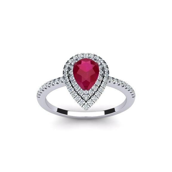 SuperJeweler 1 Carat Pear Shape Created Ruby and Double Halo Diamond Ring In Sterling Silver For Women