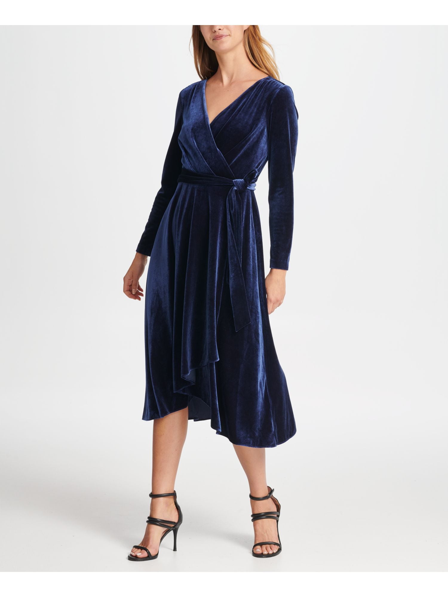 DKNY Womens Navy Long Sleeve Tea-Length Wrap Dress Evening Dress Size: 12 -  Walmart.com