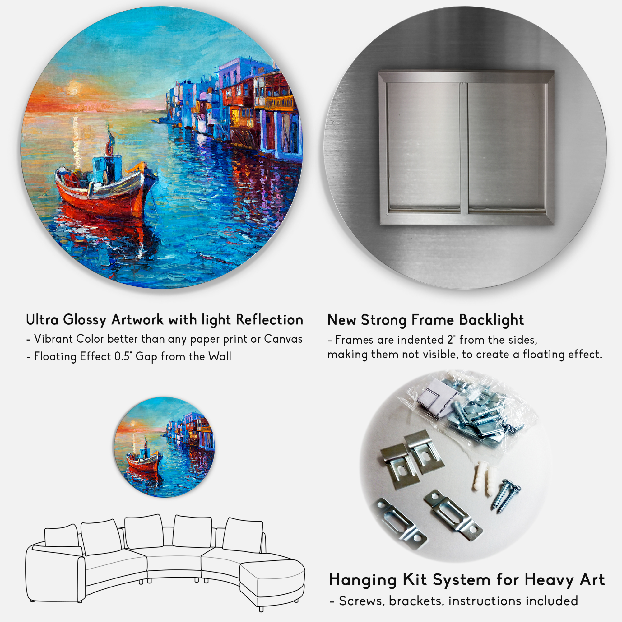 Designart 'Boats Near Coastal Town Resting On The Water I' Nautical & Coastal Circle Metal Wall Art 29x29 - Disc of 29