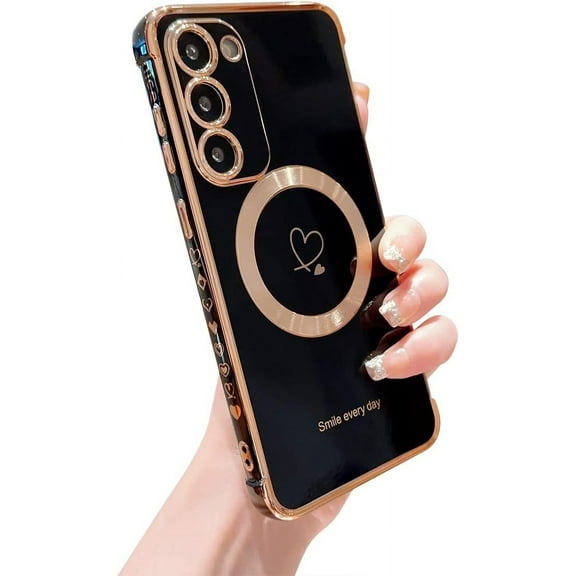 Compatible with Magsafe Samsung Galaxy S23 Plus / S23  Case, Luxury Plating Heart with Wirless Charging & Camera Lens Protection Soft TPU Shockproof Case for Samsung Galaxy S23  (Black)