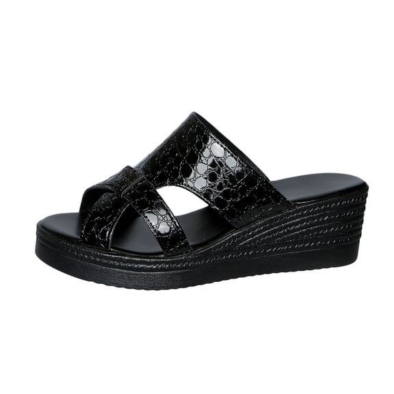 Black Ladies Casual Wedge Sandals With Patterned Wraparound Strap Comfortable For All-Day Use Versatile Style For Outfits