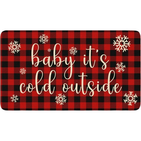 Winter Door Mat Outdoor for Front Door Decorations , Baby Its Cold Outside Red Buffalo Plaid Doormat,Winter Christmas Holiday Welcome Floor Mat Rug Entryway for Porch Farmhouse Decor, 30" x 17"
