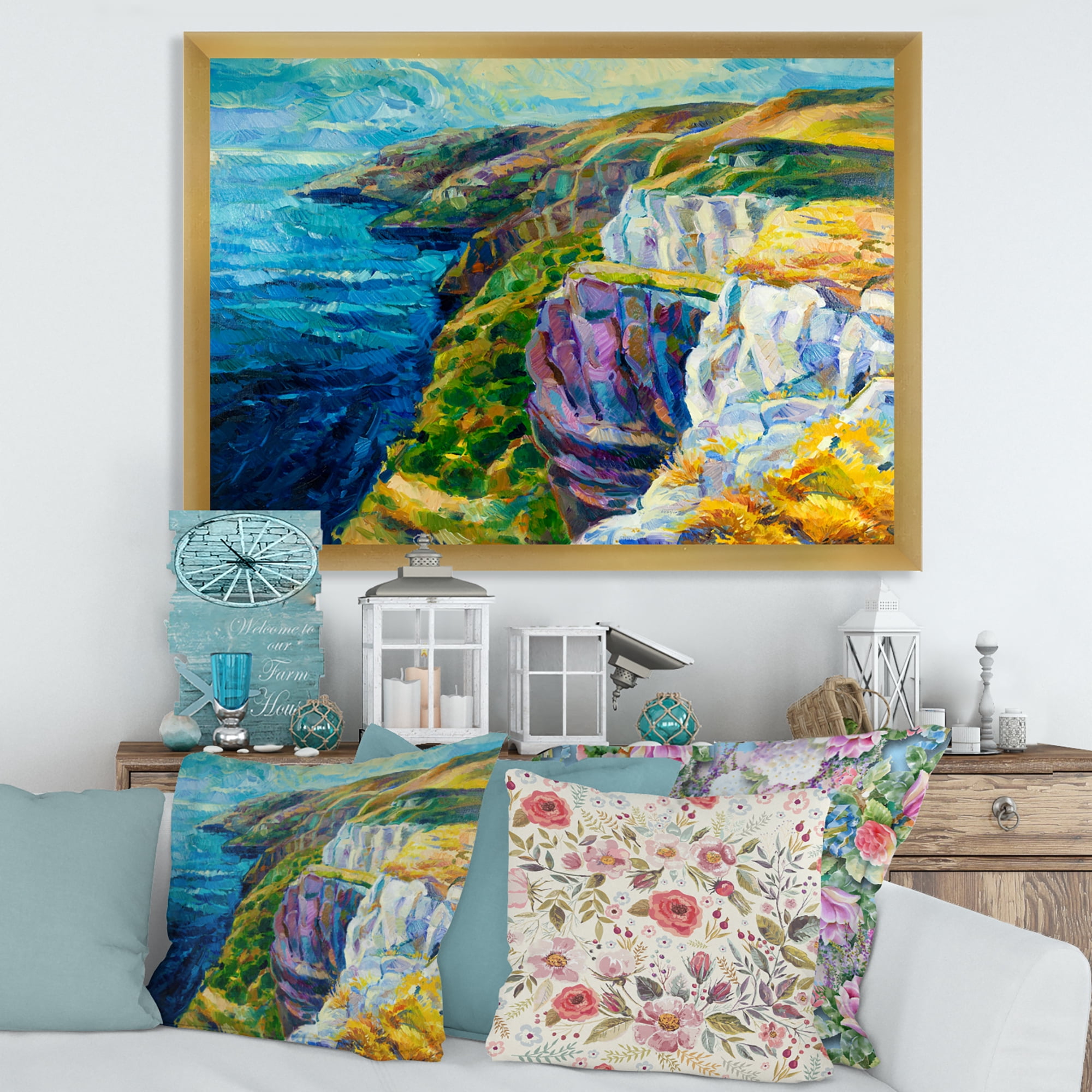 Designart 'The Blue Ocean By Rocky Cliffs II' Nautical & Coastal Framed Art Print