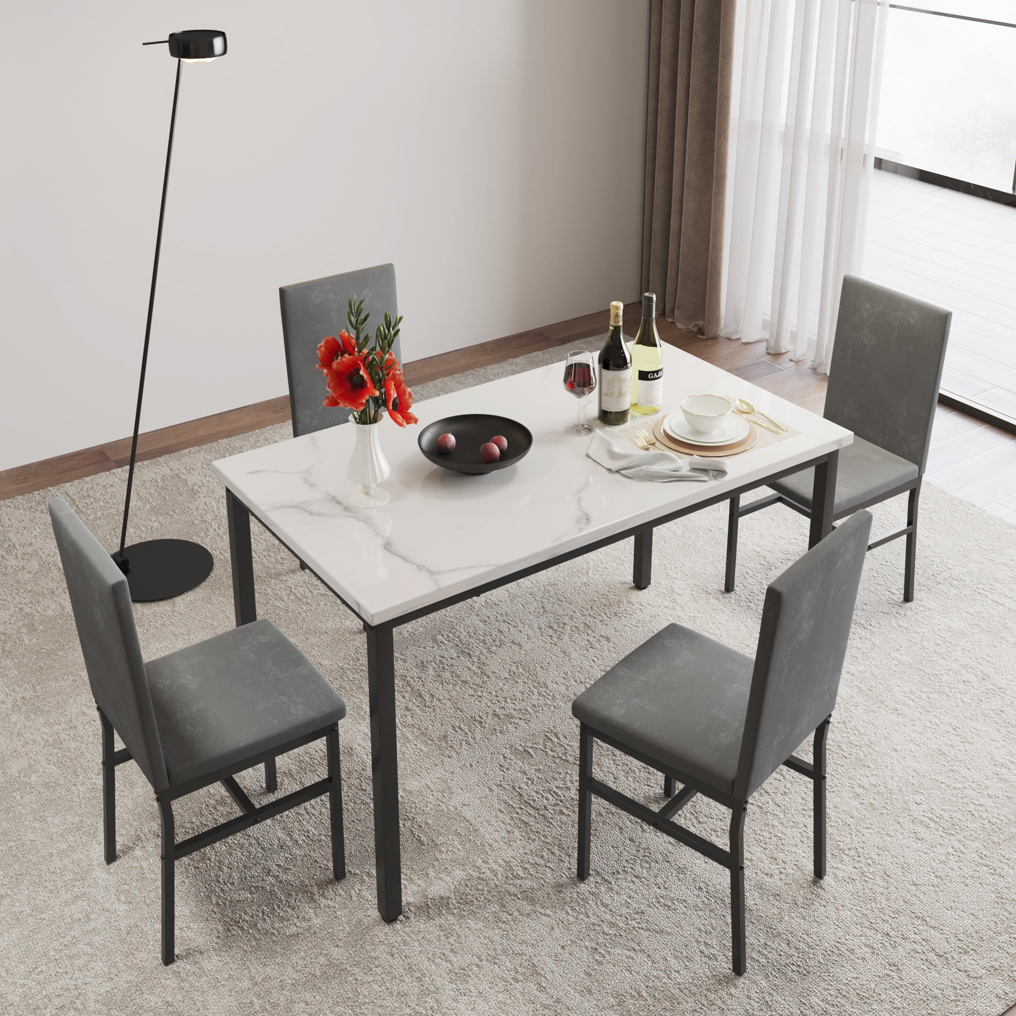 UHOMEPRO 5 Pieces Dining Table Set, Marble Top Dining Table and Chairs Set for 4, Gray Sturdy Iron Frame Dining Room Table Set with 4 Velvet Upholstered Chairs for Small Dining Room