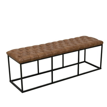 HomePop Faux Brown Leather Button Tufted Decorative Bench