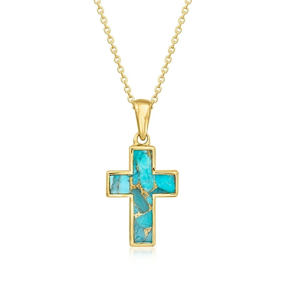 Ross-Simons Turquoise Cross Pendant Necklace in 18kt Gold Over Sterling, Women's, Adult
