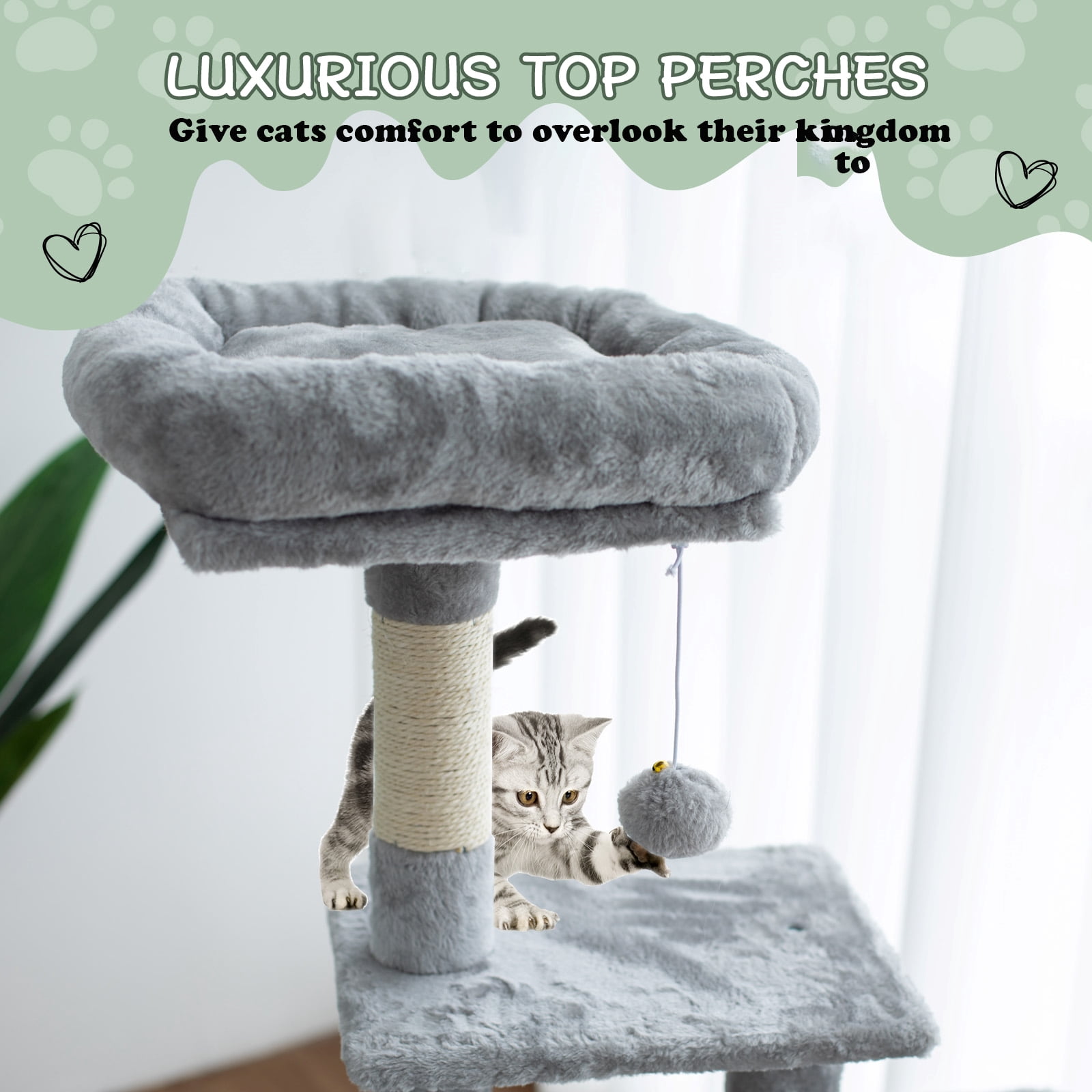 Senbonry Cat Tree for Indoor Cats with Scratching Posts, 49in Small Gothic Tower with 9 Inchs Tunnel, Condo, Basket, Pompoms,Light Gray