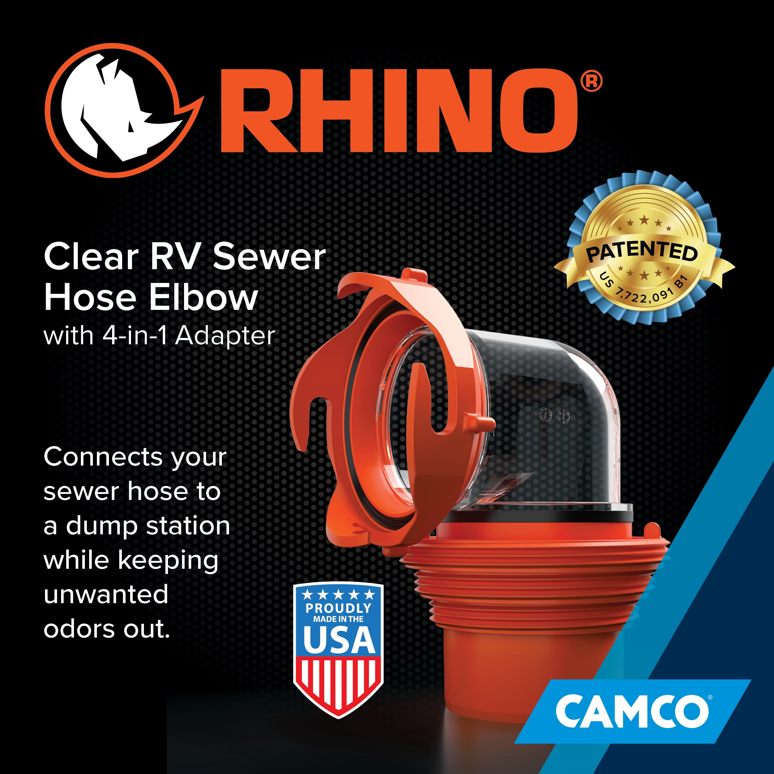 Camco Rhino Clear RV Sewer Hose Elbow with 4-in-1 Adapter - Orange (39736)