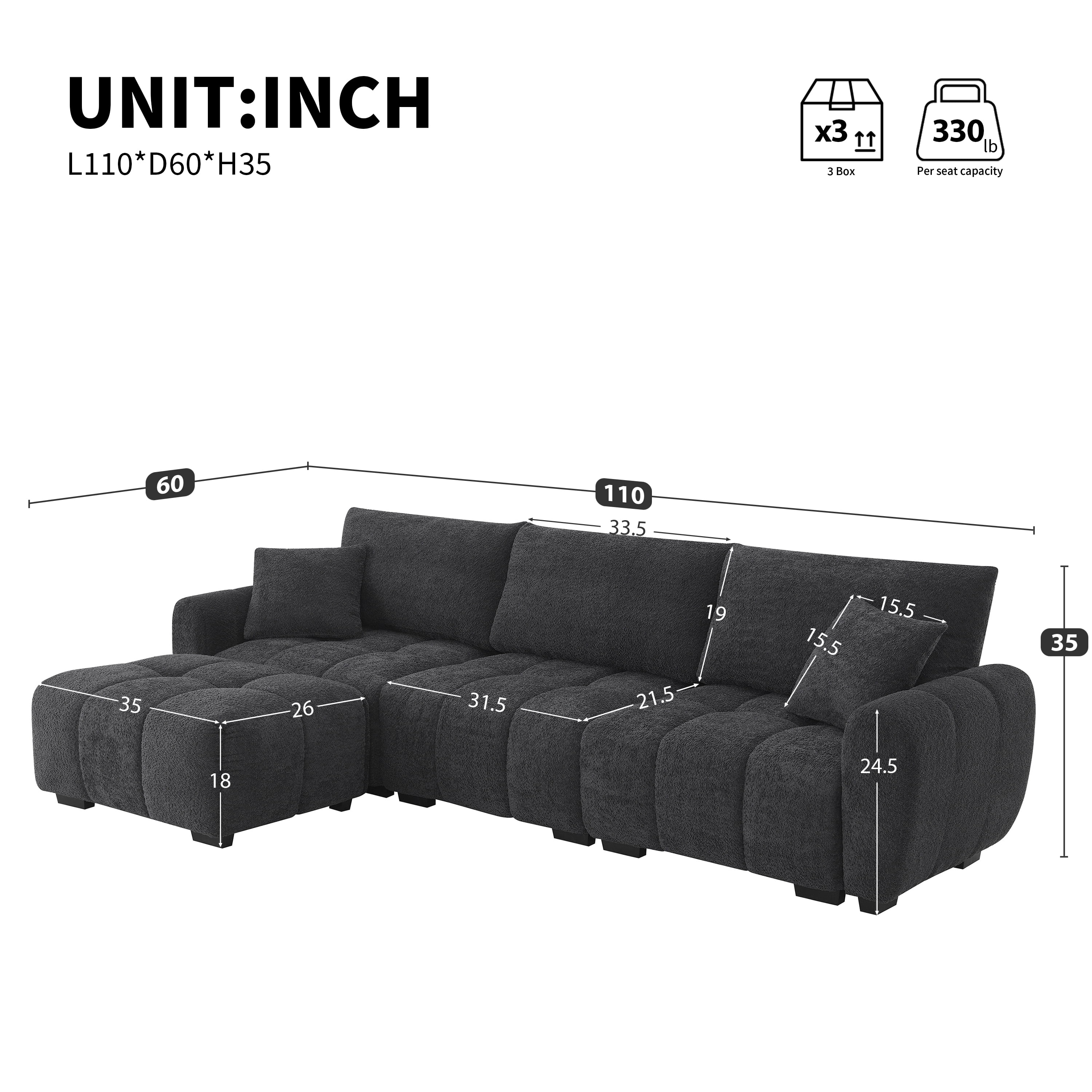 Sectional Sofa, Modular Sofa, L-Shape Couch with Movable Ottoman and Pull-Line Design, 4-Seater Boucle Fabric Sofa, Black+Gray