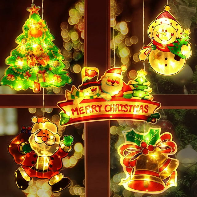 TFixol 5 Pieces Christmas Window Lights Decorations Christmas Window Silhouette Lighted Sign Battery Operated Backdrop String Lights with Suction Cup Hook for Holiday Outdoor Indoor Decor