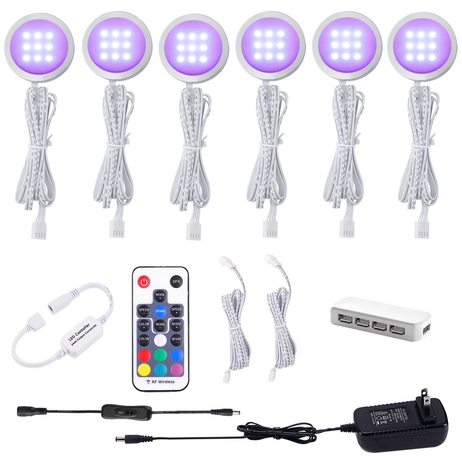 Laboreducer RGB Color Changing LED Under-Cabinet Lights, 7.87 in, Slim Puck Lamps, 6 Count
