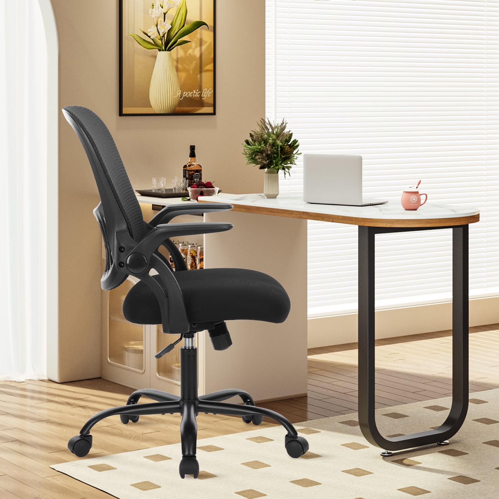 Gianna Ergonomic Mesh Office Chair with Adjustable Armrests, Lumbar Support, and Mid-Back Design for Home & Desk Use with Smooth-Rolling Wheels, Black