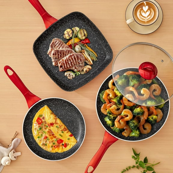 Non Stick Fry Pan Set 4 Piece, Induction Cookware with Stay Cool Handles, Dishwasher Safe Red Pans for Cooking