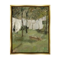 Classic Clothesline Yard Scene Landscape Painting Metallic Gold Framed Art Print Wall Art