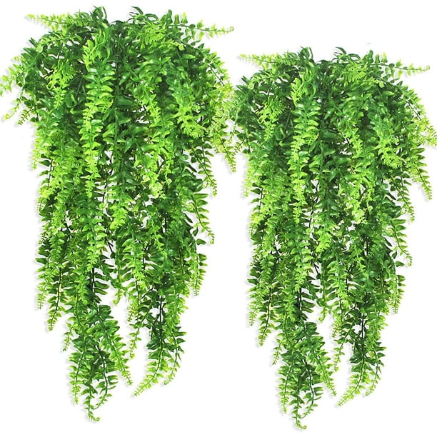 Vides artificiales de helecho de Boston, helechos de ratán persa, plantas falsas, plantas falsas de vid al aire libre, resistentes a los rayos UV, para colgar en la pared, interior, guirnalda, telón de fondo, arco, decoración de pared (2 piezas de vides de helecho de Boston) BANYUO Electrónica