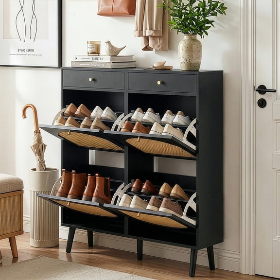 Ktaxon Rattan Shoe Cabinet with 4 Flip Drawers 2 Drawers, 20 Pairs, Narrow Shoe Storage for Entryway Apartment, Black