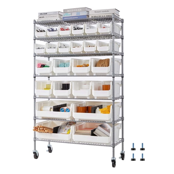 KFFKFF 7-Tier Rolling Storage Rack with 24 Organizer Bins, Steel Wire Shelving System with Wheels, Mobile Organizer for Garage, Warehouse, Office, Classroom, and Kitchen