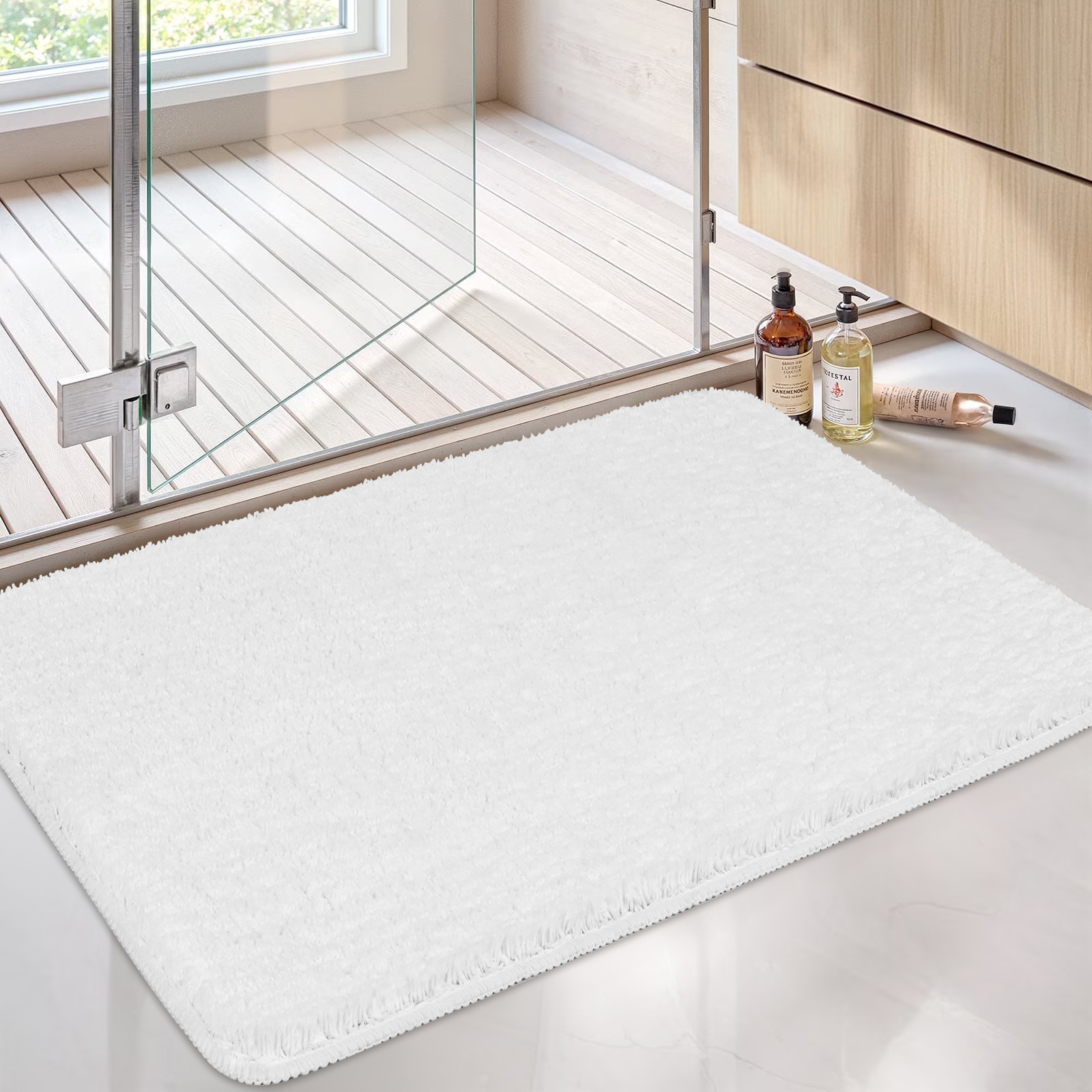 FRAMICS Waffle Weave Shower Curtain Sets with Rug, 14-Piece Striped Bathroom Sets with Hooks, Heavy-Duty Waterproof Fabric, Hotel Grade, White, 71.3" x 71.3"