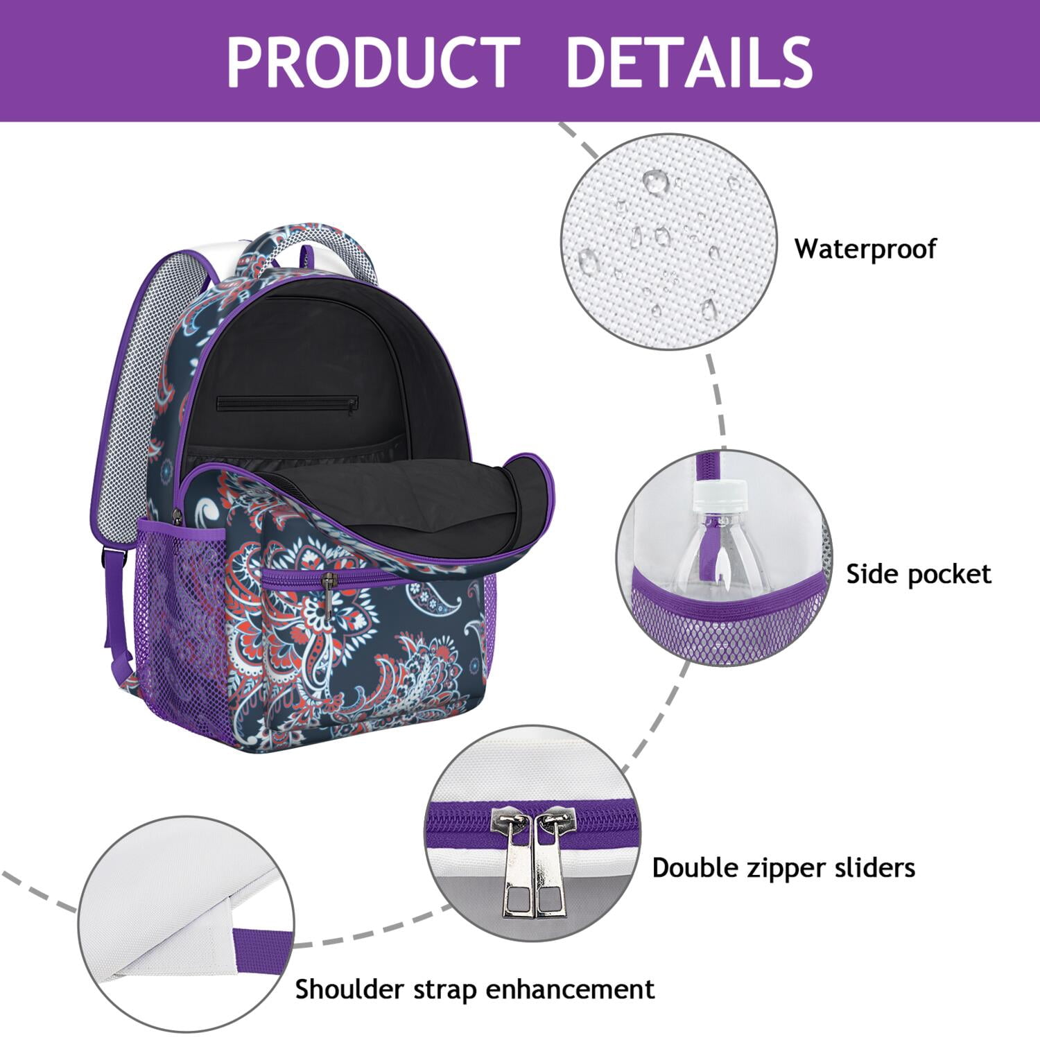 Bohemian Waterproof School Backpack - Ethnic Floral Paisley Design & Spinal Support for College Students