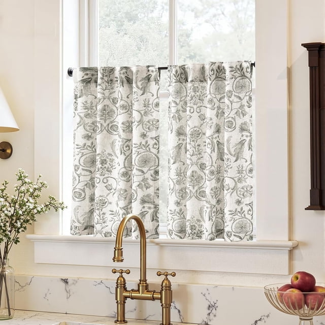 Small Window Curtains 36 Inch Linen Floral Curtain Set for Kitchen Bathroom Cafe Curtains Light Filtering Window Treatment Farmhouse Cottagecore Back Tab Drapes 2 Panels Grey on Beige