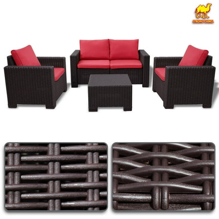 Outdoor Furniture With Red Cushions Strong Camel 4PC Rattan Patio Sofa Garden w Cushions Lounge Furniture Set Weather Resistant (Red) ()