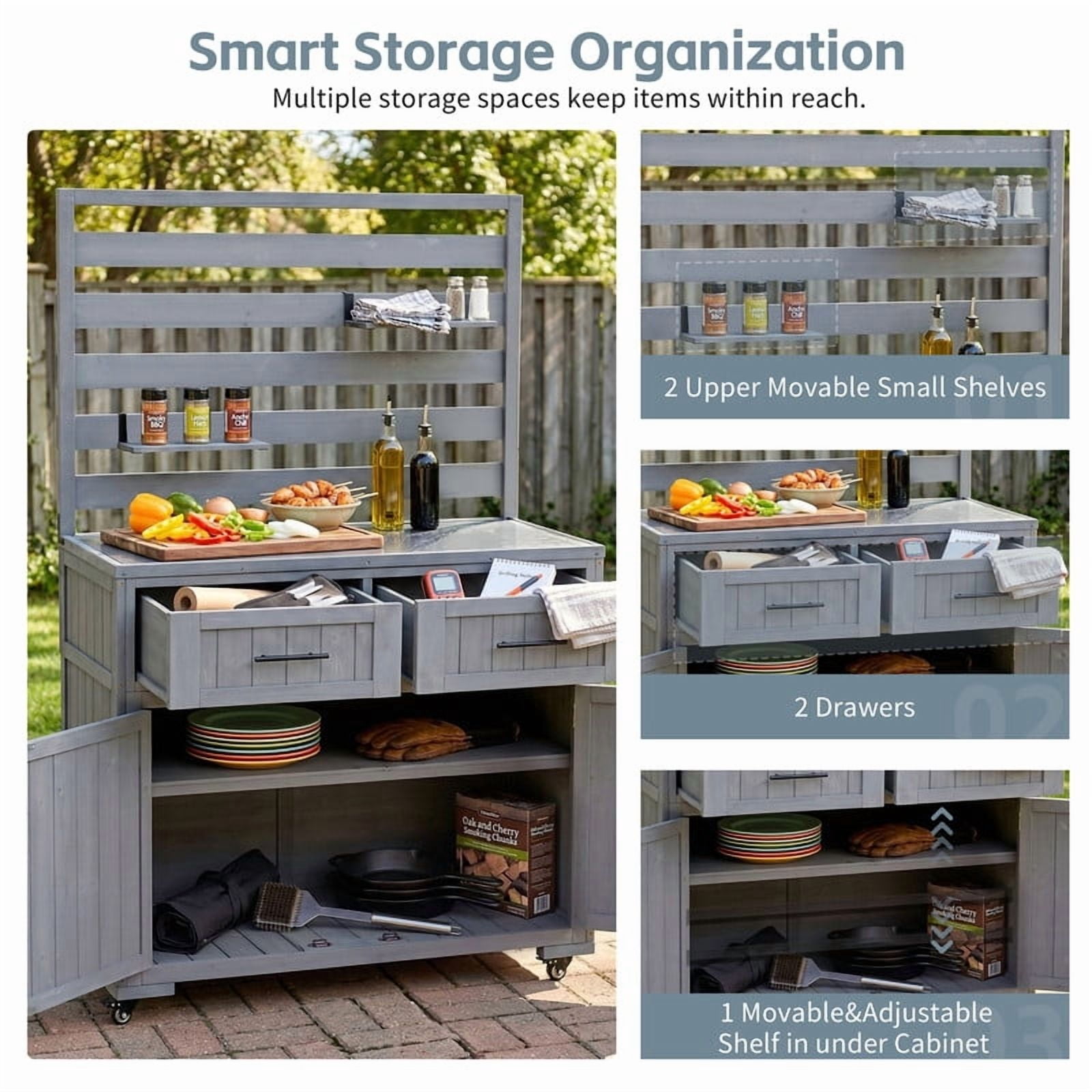 4-Piece Outdoor Kitchen Island Set, BBQ Rolling Grill Table with Sink, Versatile Backyard Storage Serving Cart with Potting Bench
