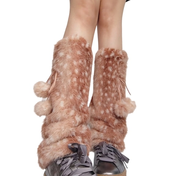 Elastic Deer Pattern Leg Warmers Warm Winter Footless Socks Thermal Furry Plush Boot Covers For Indoor Outdoor Activity