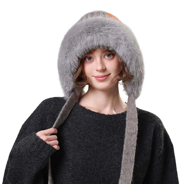 TINZ Winter Jacquard Hat With Large Ear For Thick Knitted Face Cold Weather Babushka Hat Bonnet