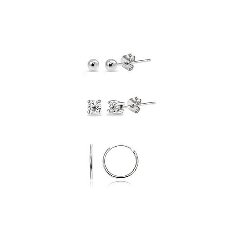 3 Pairs Sterling Silver Lightweight Unisex 10mm Mini Small Continuous Endless Hoops, Tiny Round 2mm CZ & Ball Bead Stud Earrings Set