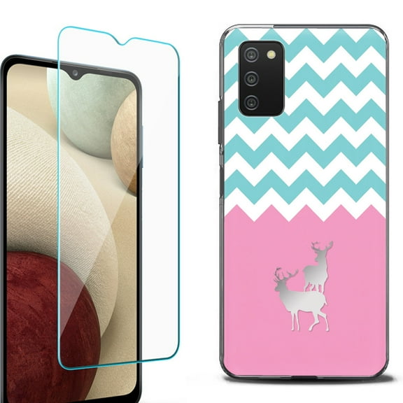 Slim-Fit Protective Fashion Phone Case (Black) for Samsung Galaxy A03s, with Tempered Glass Screen Protector, by OneToughShield ® - Chevron/Teal/Deer