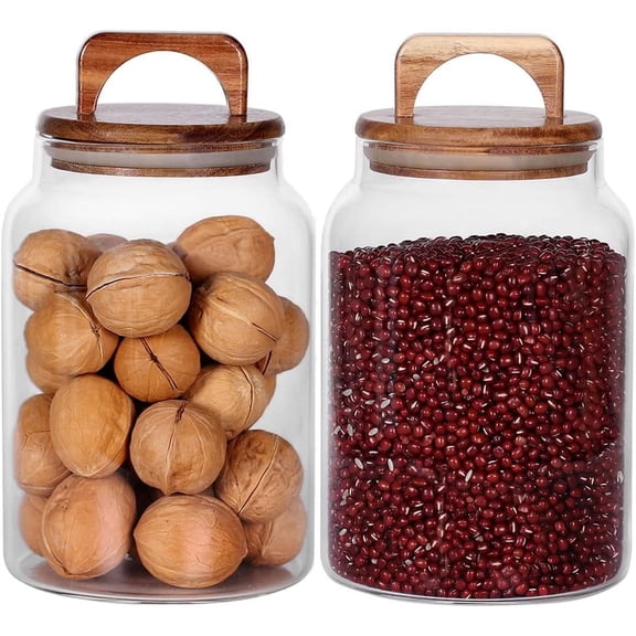Canister Set of 2, Glass Kitchen Canisters with Airtight Acacia Lid, Tall Clear Airtight Food Storage Jar, Kitchen Pantry Storage Container for Noodles Flour Cereal Coffee