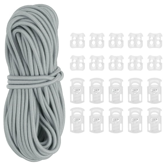 16 Yard Elastic Bungee Cord & Single Hole Cord Lock & Double Hole Spring Toggle Stopper, Light Gray 12 Pack