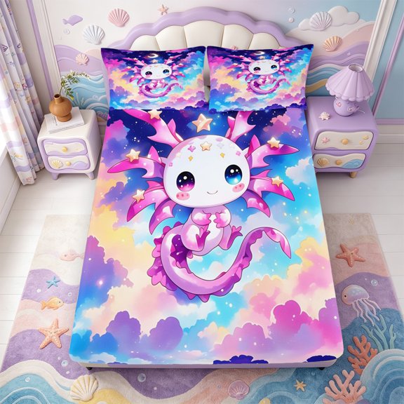 Manfei 3D Print Amphibian Axolotl Fitted Sheet Full,Cute Salamander Pattern Bed Set,3pcs,1 Fitted Sheet and 2 Pillowcases