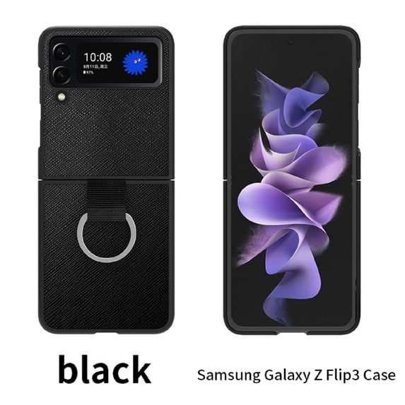 Leather Texture Case for Samsung Galaxy Z Flip 3, Slim Lightweight Soft TPU Shockproof Folding Screen Protective Anti-Slip Case with Metal Ring Cover for Samsung Galaxy Z Flip 3 6.7 Inch,Black