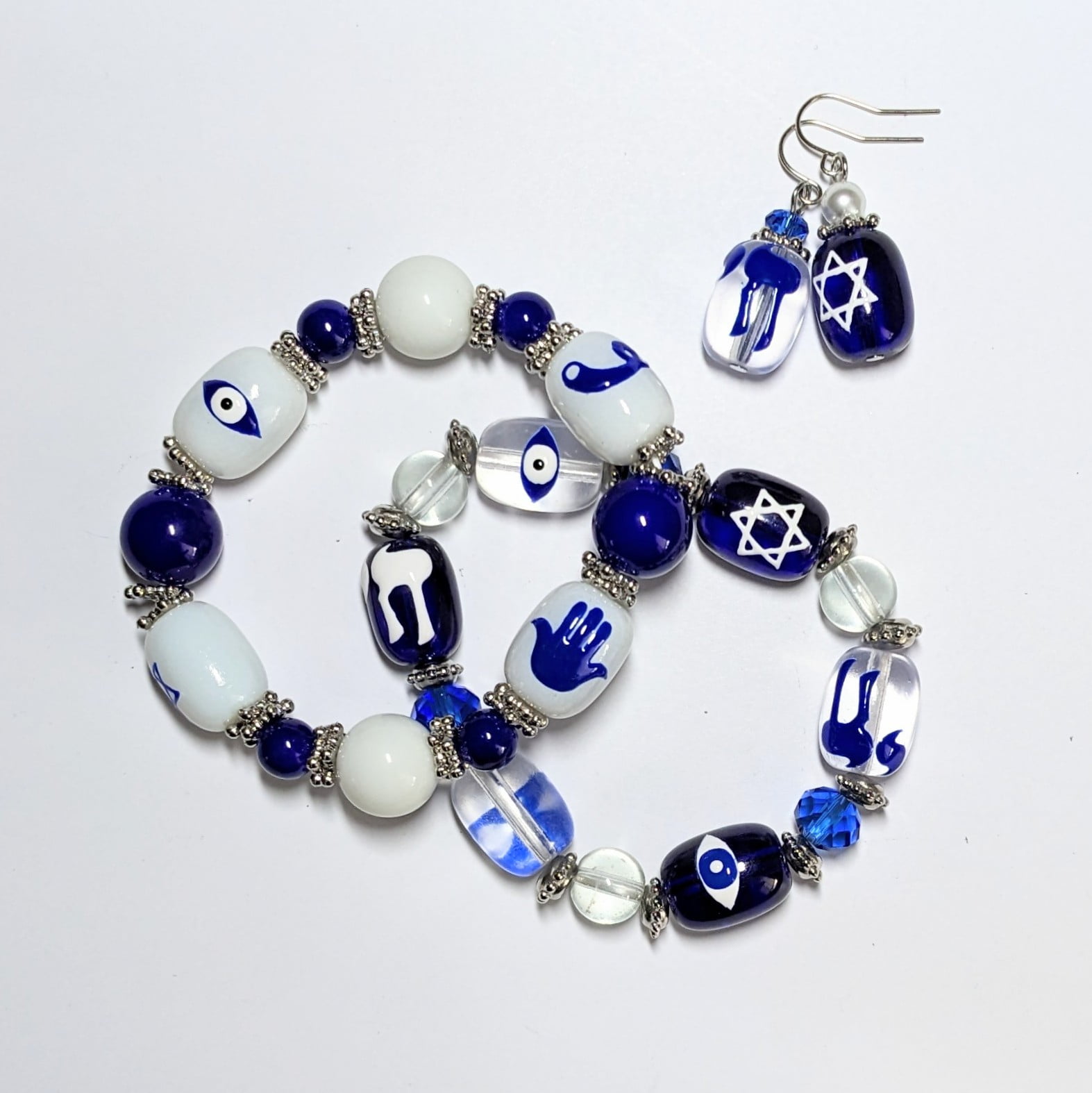 Hanukkah Glass Beads For Bracelet Making, Blue Clear Sameach Craft DIY Jewelry Supplies, Gift For Beader, 40 pcs