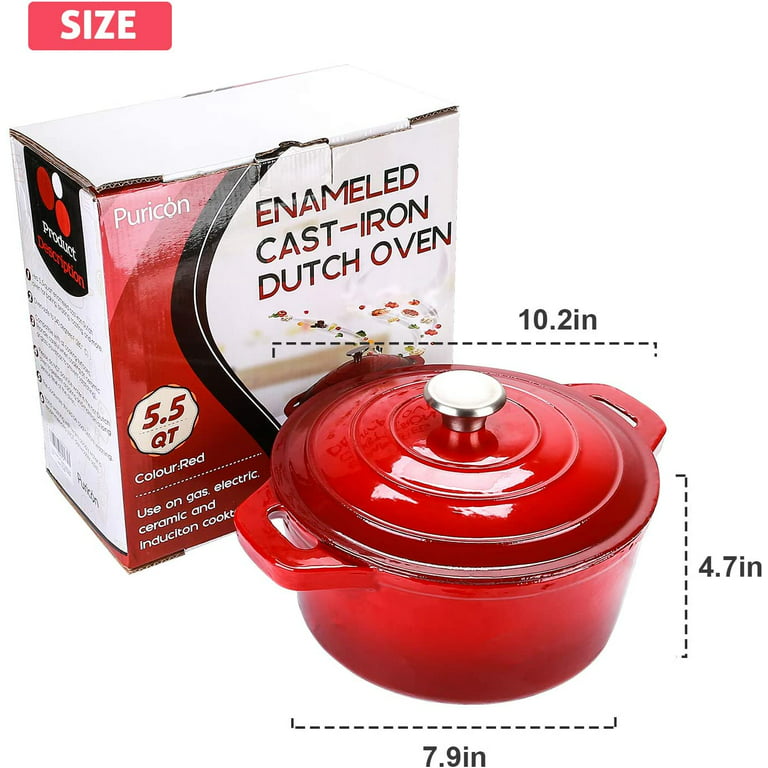 Puricon 5.5 Quart Enameled Cast Iron Dutch Oven with Lid, 5.5 QT Deep Round  Dutch Oven Pot with Dual Handles -Black