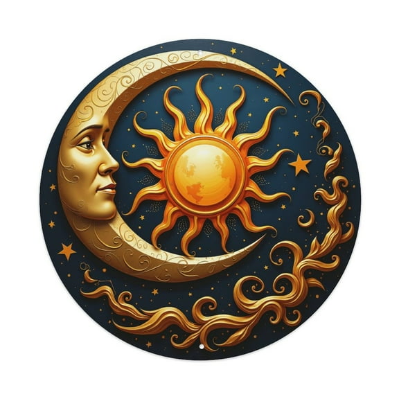 Sun Moon Golden Vintage Round Metal Tin Sign Nostalgic Metal Sign Home Decor for Bar Garden Kitchen Restaurant Garage 8x8 Inch